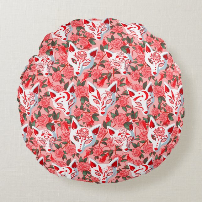 Kitsune masks and blooming camellia on pink throw  round cushion (Front)