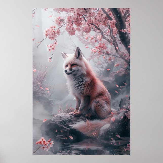 Kitsune Spirit – Japanese Fox in Blossom Forest Poster (Front)