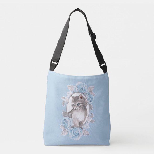 Kitten and blue roses crossbody bag (Front)