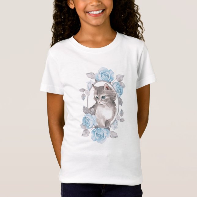 Kitten and blue roses T-Shirt (Front)