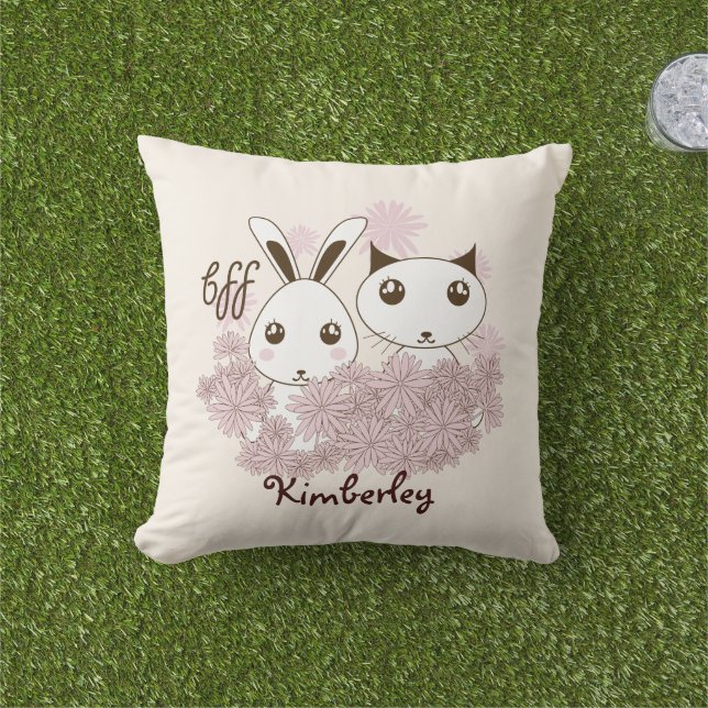 Kitten and Bunny Animal Friends Girls Kids Outdoor Cushion (Grass)