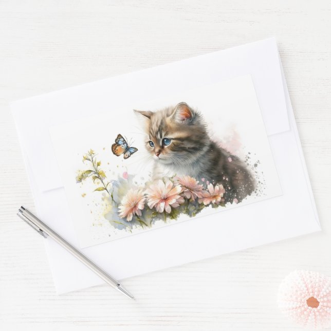 Kitten and Butterfly In Garden Rectangular Sticker (Envelope)