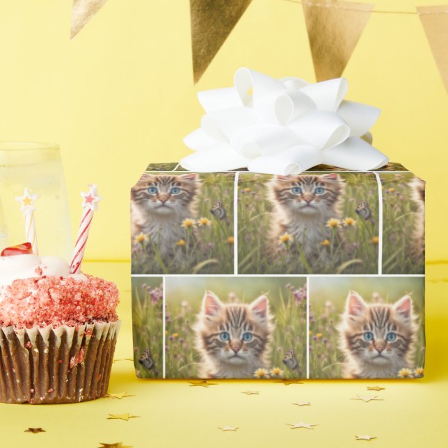 Kitten and Butterfly In Meadow Wrapping Paper (Birthday Party)