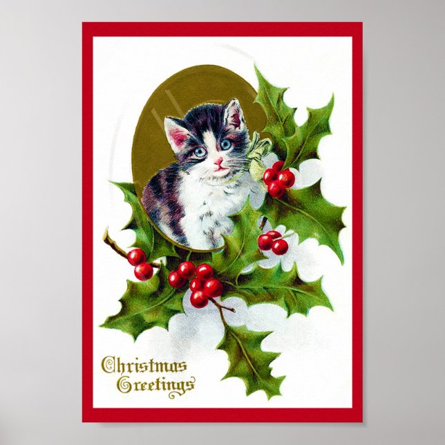 Kitten and Christmas Holly Poster (Front)