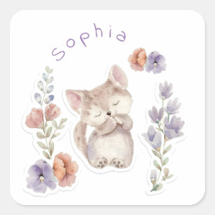 Kitten and flowers, personalised square sticker