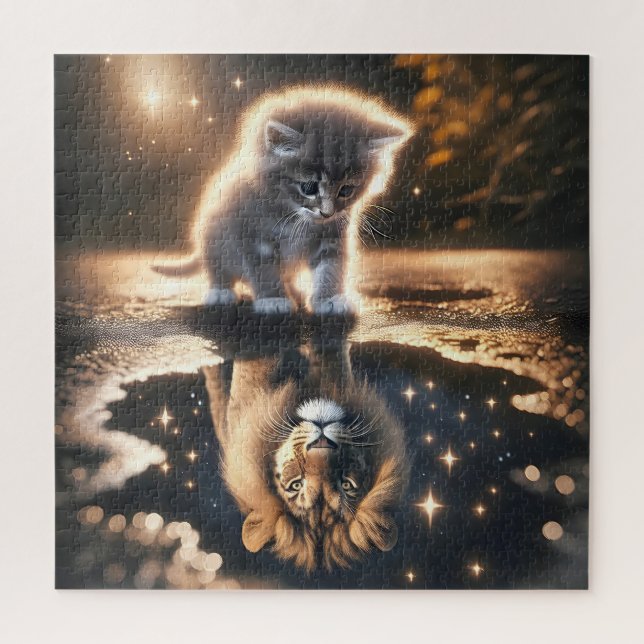 Kitten and Lion Puddle Reflection Jigsaw Puzzle (Vertical)