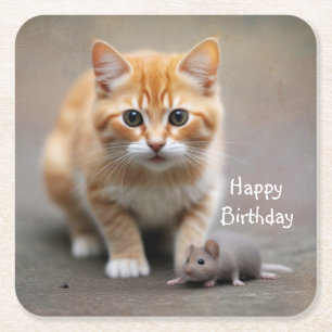 Kitten and Mouse  Square Paper Coaster