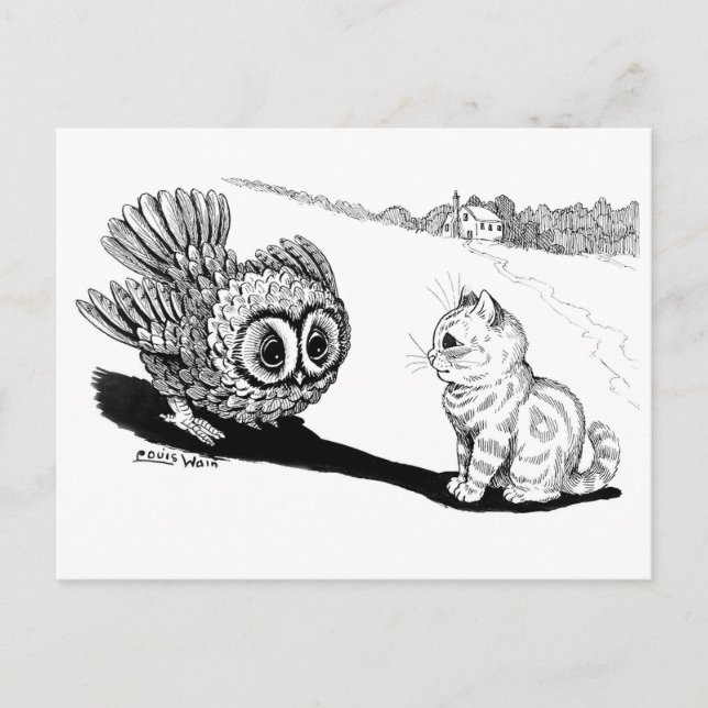 Kitten and Owl, Louis Wain Postcard (Front)