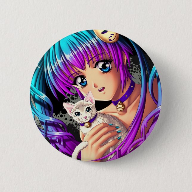Kitten and Pigtail Manga Girl 6 Cm Round Badge (Front)
