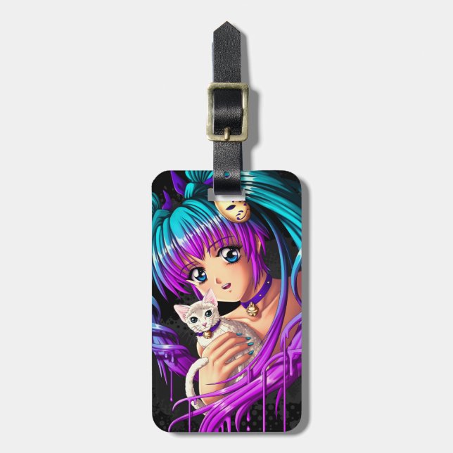 Kitten and Pigtail Manga Girl Luggage Tag (Front Vertical)