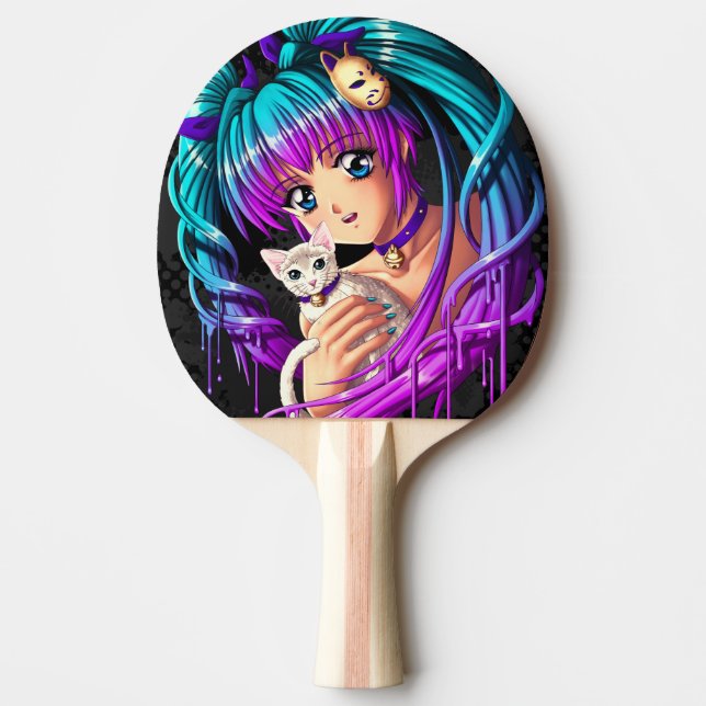 Kitten and Pigtail Manga Girl Ping Pong Paddle (Front)
