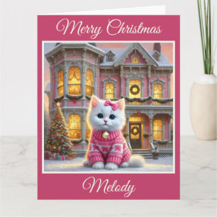 Kitten and Pink Victorian House Christmas Card