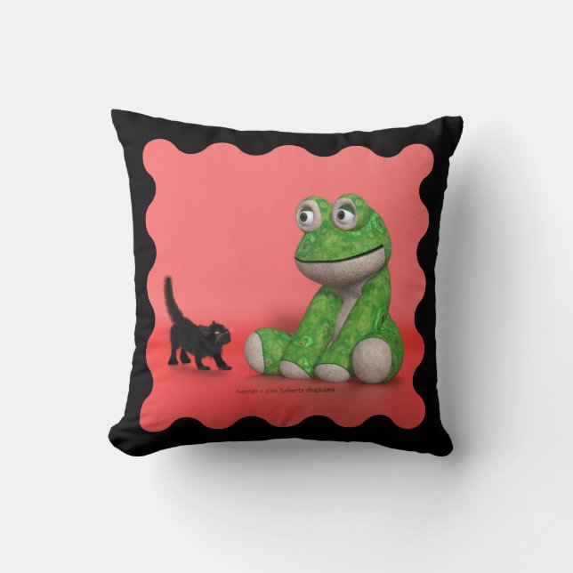 Kitten and plush-frog throw pillow (Front)
