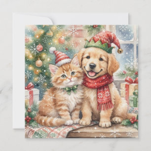 Kitten and puppy. Festive Christmas. Cute Holiday Card