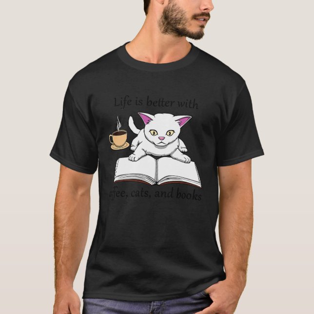 Kitten and Reading Coffee Cute T-Shirt (Front)