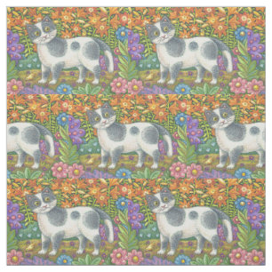 Kitten And Yellow Birds FOLK ART CUSTOM CAT FABRIC
