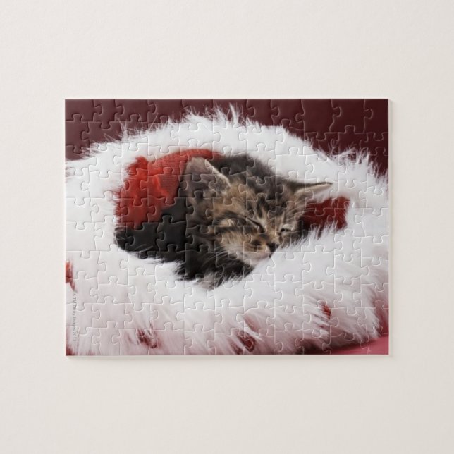Kitten asleep in Christmas hat Jigsaw Puzzle (Horizontal)