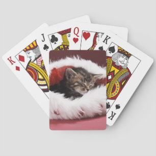 Kitten asleep in Christmas hat Playing Cards