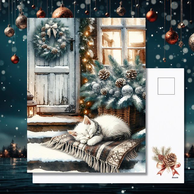 Kitten Asleep on Festive Front Porch Christmas Holiday Postcard (Creator Uploaded)