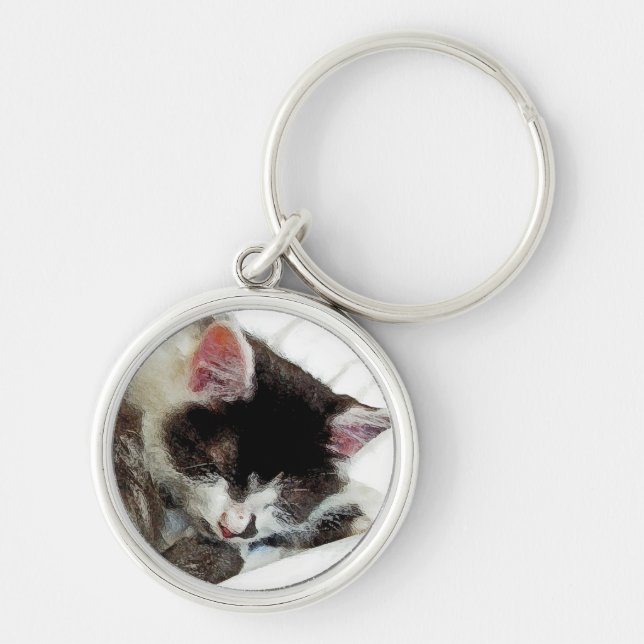 Kitten asleep on White Comforter Key Ring (Front)