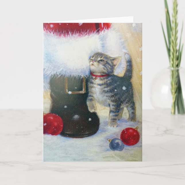 Kitten at Santa's Boot Holiday Card (Front)