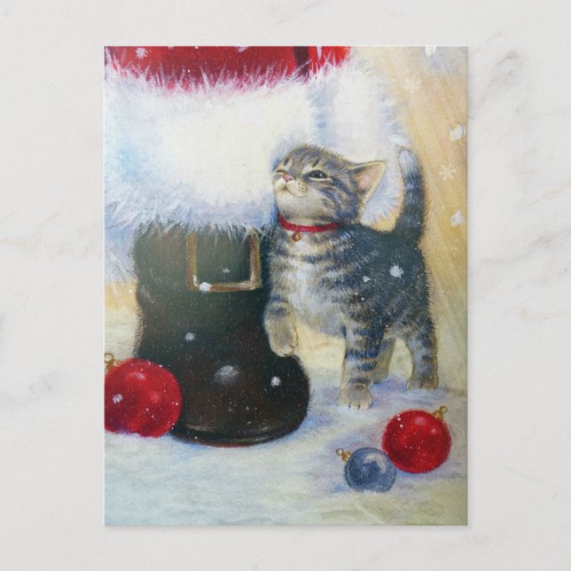 Kitten at Santa's Boot Holiday Postcard (Front)