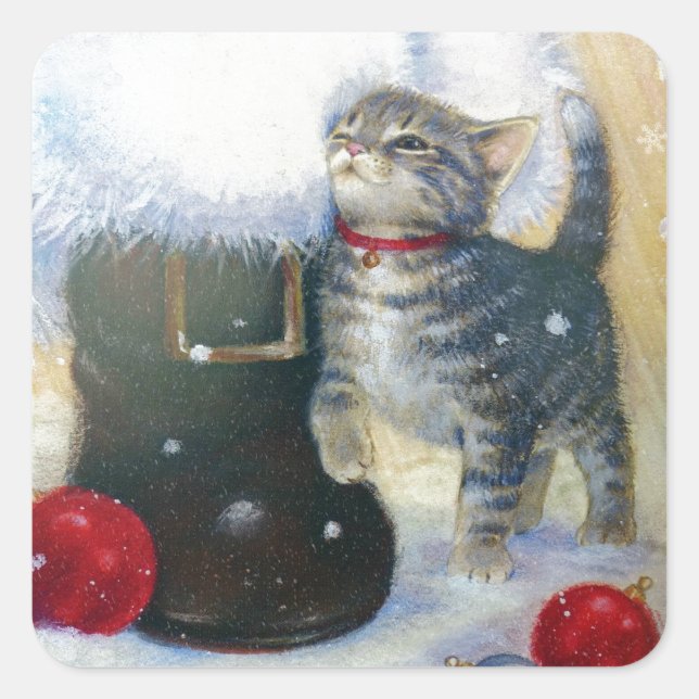 Kitten at Santa's Boot Square Sticker (Front)