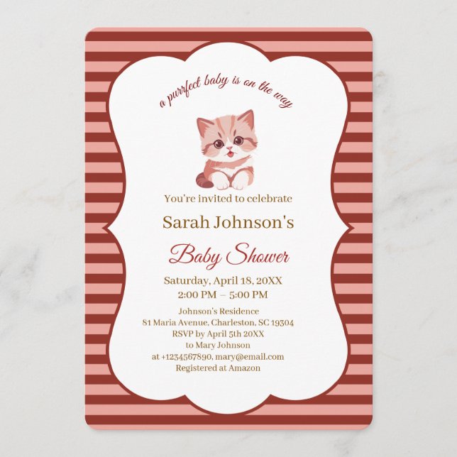 Kitten Baby Shower Pink and Burgundy Stripes Invitation (Front)