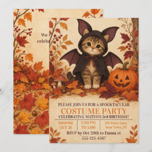 Kitten Bat Costume Halloween Birthday Party Invitation