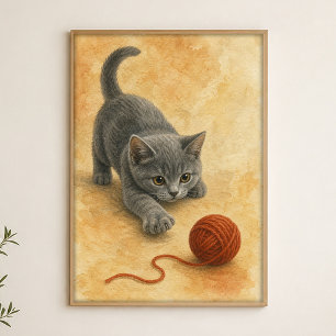 Kitten Batting a Yarn Ball Watercolour Poster