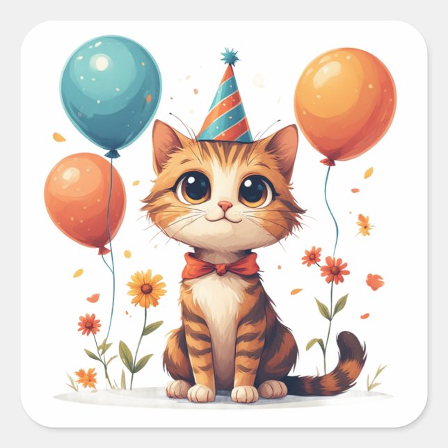 Kitten Birthday Celebration With Balloons And Hat  Square Sticker (Front)