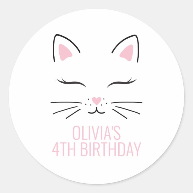 Kitten birthday party stickers kitty face (Front)