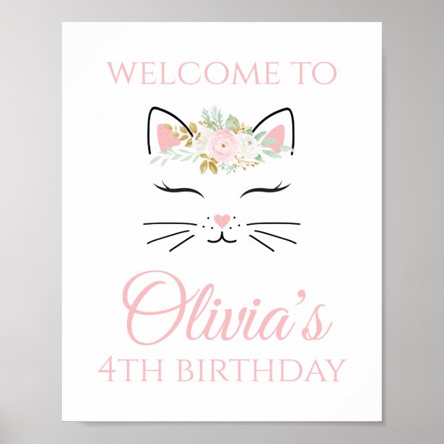 Kitten Birthday Welcome Sign Floral kitty face (Front)