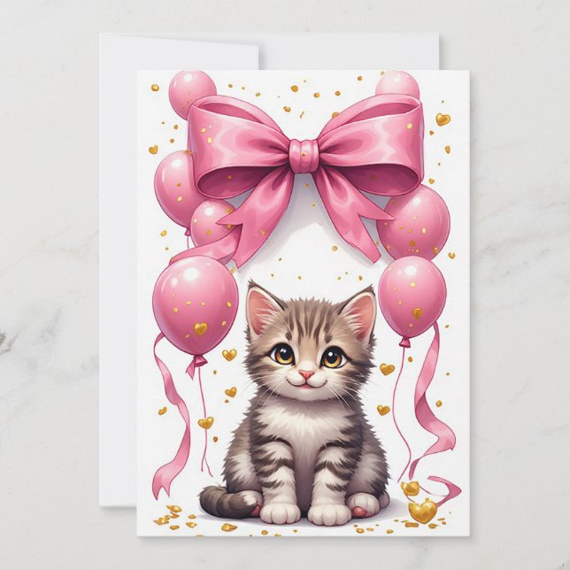 Kitten Bow And Balloons Birthday Fun 🐱 (Front)