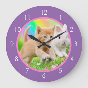 Kitten & Bunny with Rainbow Large Clock
