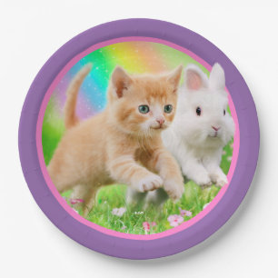 Kitten & Bunny with Rainbow Paper Plate
