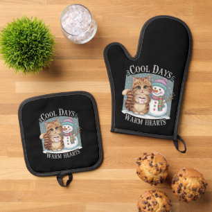 Kitten Cat and Snowman Friends Share Coffee Winter Oven Mitt & Pot Holder Set
