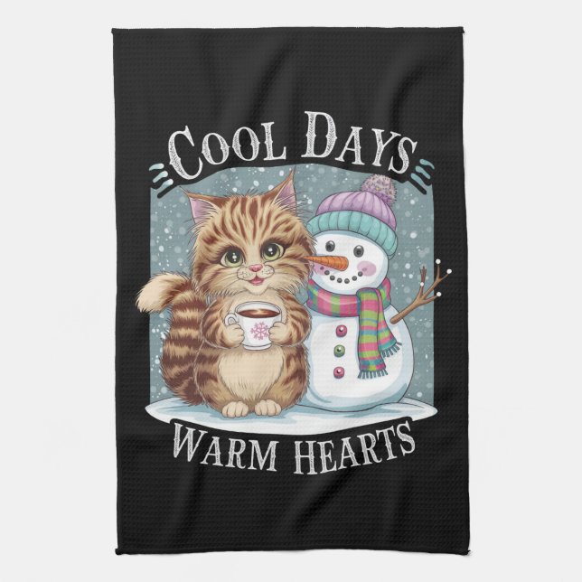 Kitten Cat and Snowman Friends Share Coffee Winter Tea Towel (Vertical)