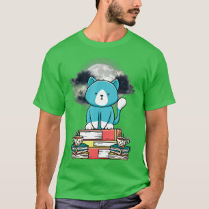 Kitten Cat Drinking Tea Reading Books Stars Night T-Shirt