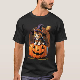 Kitten Cat Halloween Witch Costume Jack O Lantern T-Shirt
