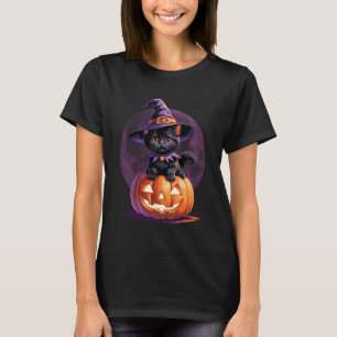Kitten Cat Halloween Witch Costume Jack O Lantern T-Shirt