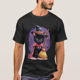 Kitten Cat Halloween Witch Costume & Moon Aestheti T-Shirt