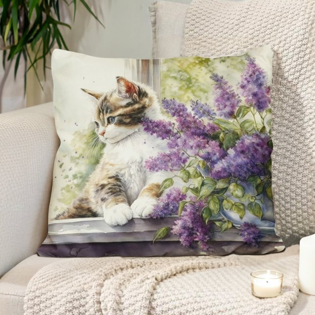 Kitten Cat Lavender Flowers Window Sunlight  Cushion (Pillow with the watercolor painting of a cat and a vase of lavender flowers. )