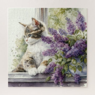Kitten Cat Lavender Flowers Window Sunlight Jigsaw Puzzle