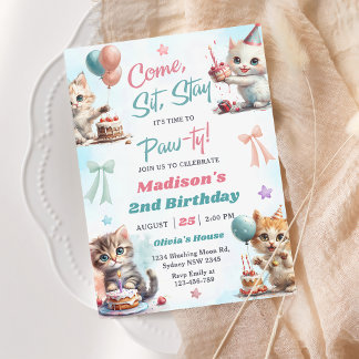 Kitten Cat Let's Pawty 2nd Birthday Party  Invitat Invitation