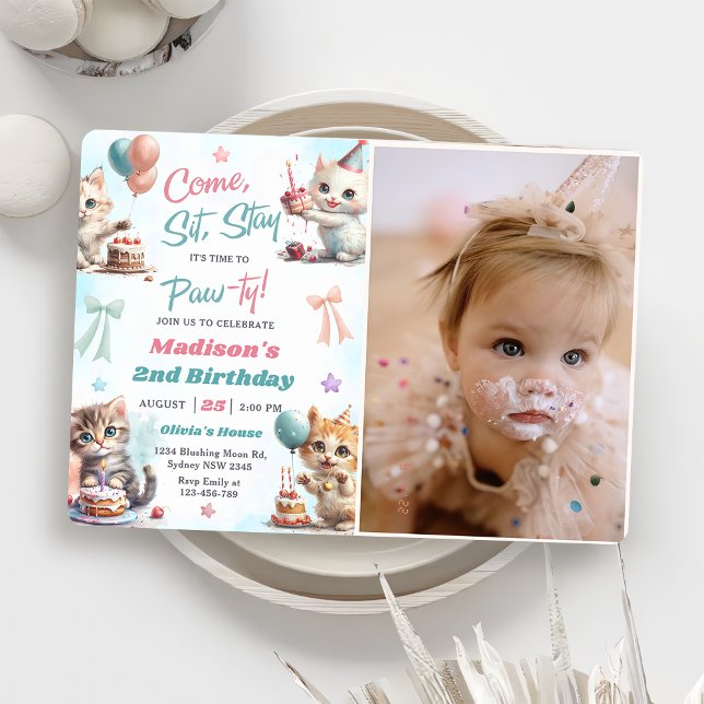 Kitten Cat Let's Pawty 2nd Birthday Party Photo Invitation (Creator Uploaded)