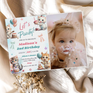 Kitten Cat Let's Pawty 2nd Birthday Party Photo  Invitation