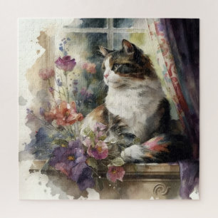 Kitten Cat Purple Flowers Window Sunlight Jigsaw Puzzle