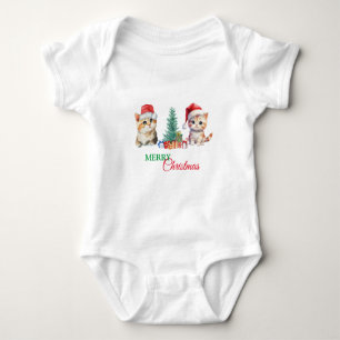 Kitten Cat Santa Red Green Merry Christmas Party Baby Bodysuit