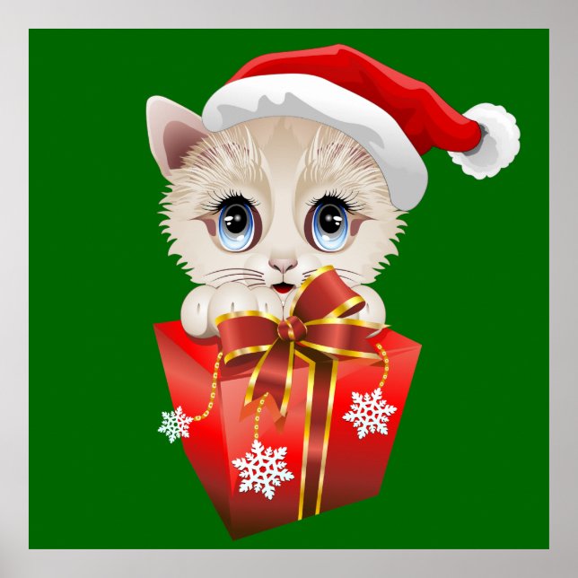 Kitten Christmas Santa with Gift posters (Front)
